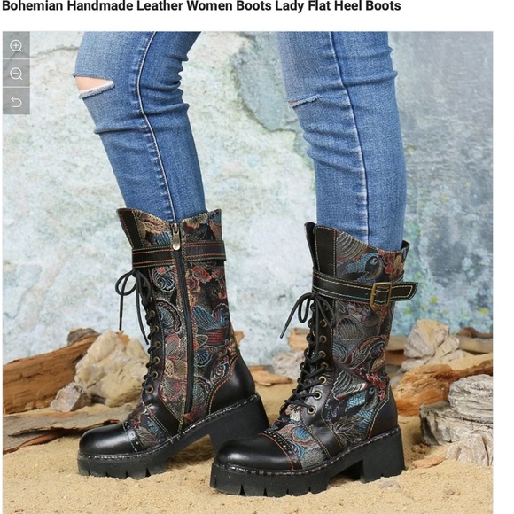 Socofy Shoes - Socofy Retro Bohemian Embroidered Black Leather Doc Martens-Style Boots